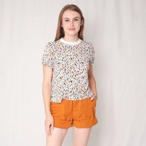 NEW A.P.C. Colorful White Drop Print "Paloma" Top Short Sleeve Shirt XS Size 34